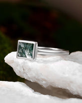 LUFLIN Baguette Shaped Moss Agate Promise Ring Bezel Solitaire Engagement Ring